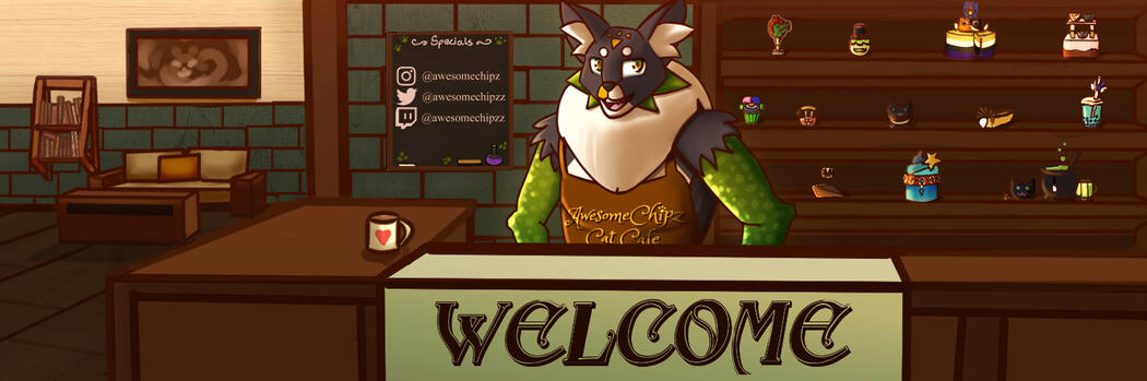 The entrance way to the Awesomechipz Cat Café where you are welcomed by a strong looking humanoid cat with scales on his face and arms